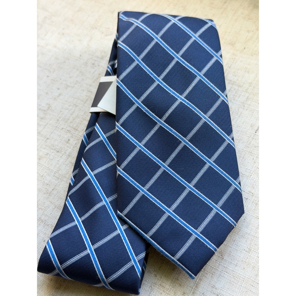 Club Room Mens Mandel Grid Silk Blend Necktie Navy Blue Geometric Tie 0041